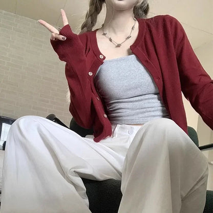 Autumn Long Sleeve Women Elegant Cardigan Sweater Slim Fit Solid Color O-neck Knitted Top Fashion Short Coat