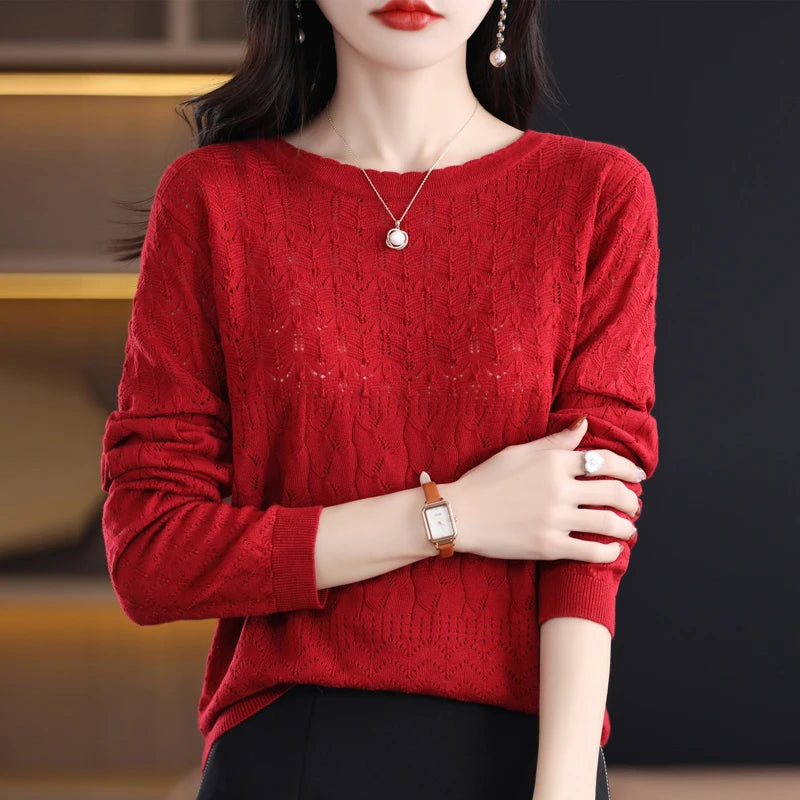 Worsted Wool Sweater Women's Spring 2023 New Western-Style Solid Color Round Neck Top With Long Sleeve Bottom Hollowed-Out Thin