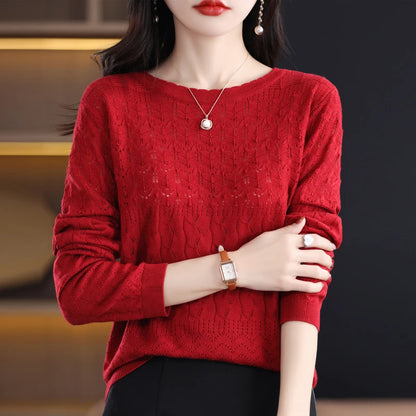 Worsted Wool Sweater Women's Spring 2023 New Western-Style Solid Color Round Neck Top With Long Sleeve Bottom Hollowed-Out Thin