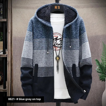 Men's Autumn/winter Hooded Knit Jacket Fleece-lined Thickened Casual Loose-fit Knitted Cardigan Outer Wear Sweater