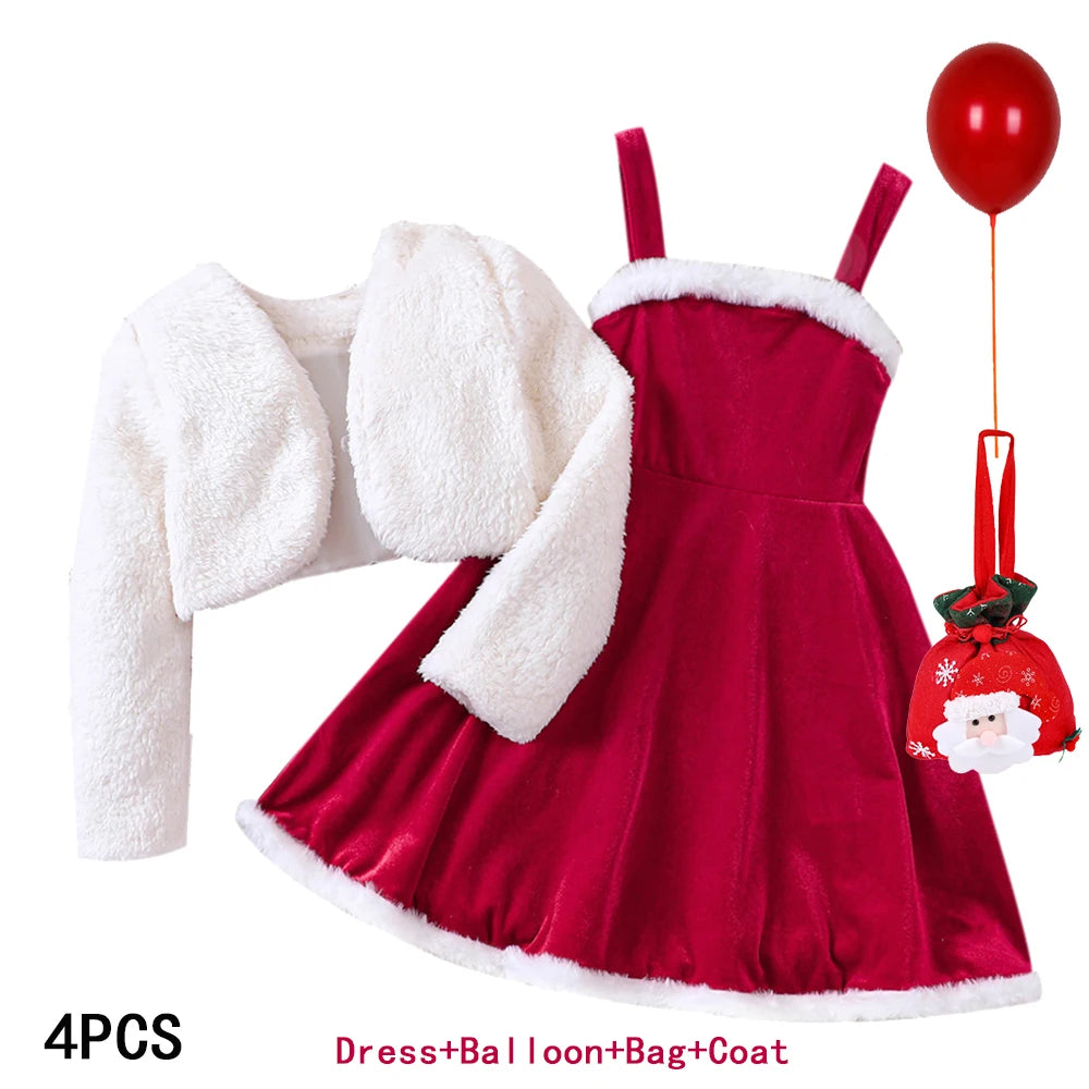 2026 New Year Dress For Girls Autumn And Winter Plush Jacket & Suspender Suits Elegant Dress Carnival Party Christmas Dresses