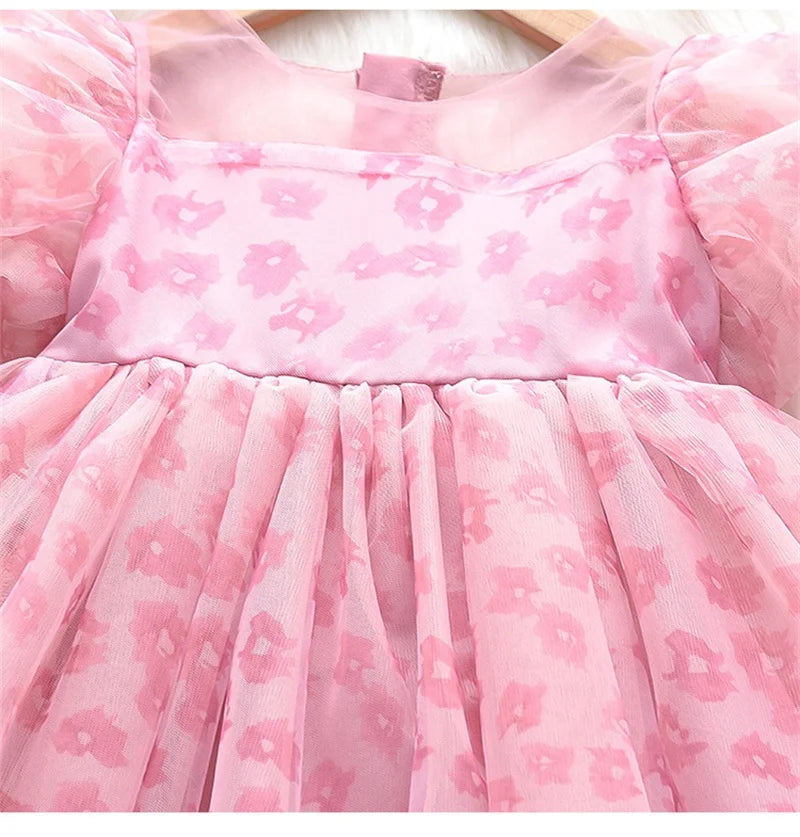 Summer Dress For Girls Children's Clothing Pink Floral Puff Sleeve Dress Baby Chiffon Princess Dress For Daily Holiday Dresses