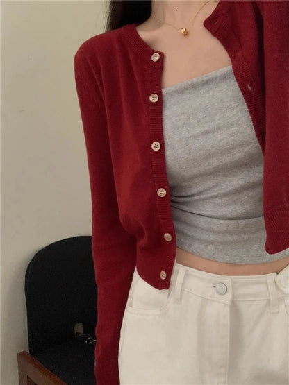 Autumn Long Sleeve Women Elegant Cardigan Sweater Slim Fit Solid Color O-neck Knitted Top Fashion Short Coat