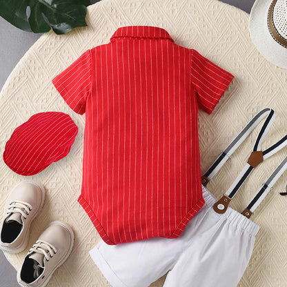 Baby Boys Summer Short Sleeve Lapel Bow Tie Romper with Suspender Shorts Beret Christening Birthday Wedding Party Gentlemen Suit