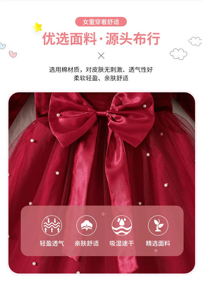 2025 Autumn Winter Girls' Christmas Party Dress with Bow, Elegant Princess Gown for Holiday Pageant & Formal Events