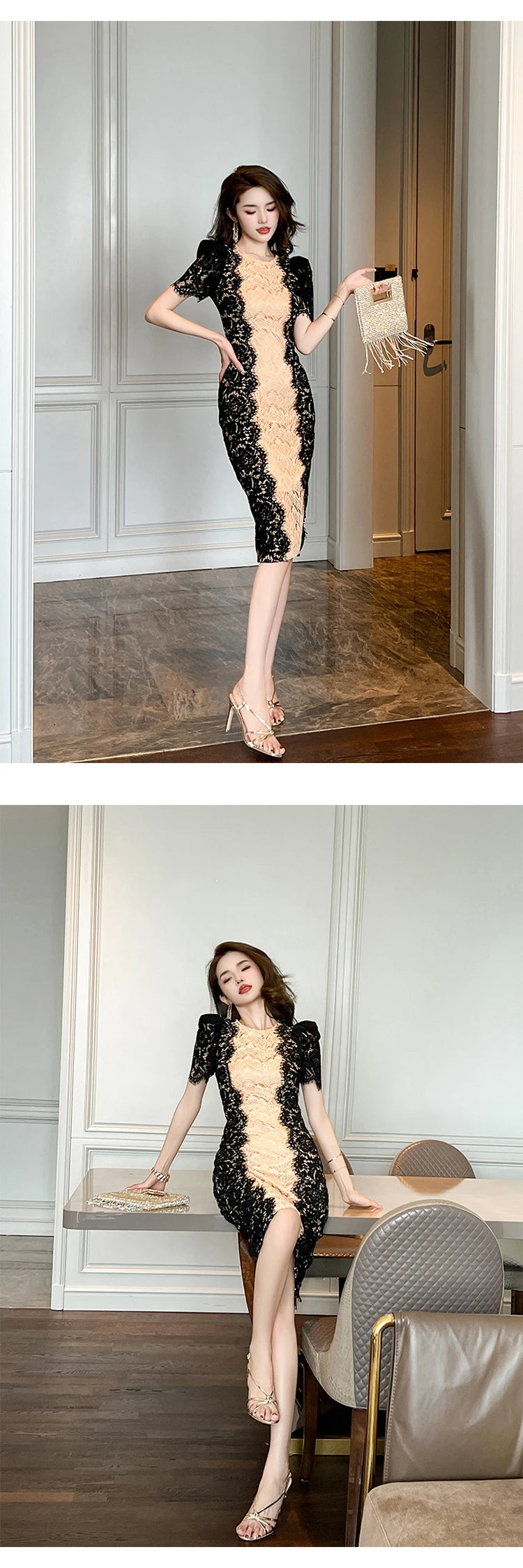 Fashion Summer Elegant Evening Dress For Women Lace Chic Short Sleeve Slim Midi Party Gown Mujer Stretchy Vestido Street Clothes