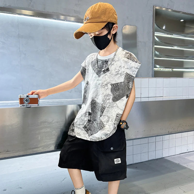 Boys Summer Clothing Sets Sleeveless Top + Shorts Two Pieces Soft Cotton Outfits for Kids Child Age 5 6 7 8 9 10 11 12 13 14 Y