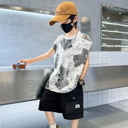 Boys Summer Clothing Sets Sleeveless Top + Shorts Two Pieces Soft Cotton Outfits for Kids Child Age 5 6 7 8 9 10 11 12 13 14 Y