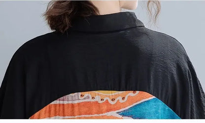 Women Summer Clothing 2025 New Style Literary Splicing Loose Printed Button Splicing Shirt Dress