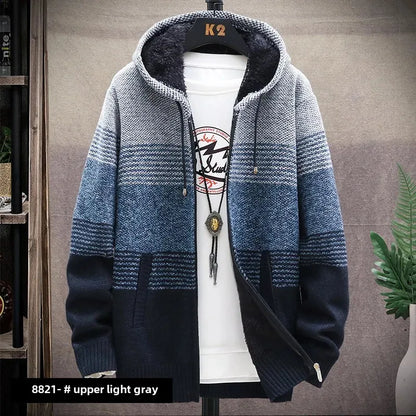 Men's Autumn/winter Hooded Knit Jacket Fleece-lined Thickened Casual Loose-fit Knitted Cardigan Outer Wear Sweater