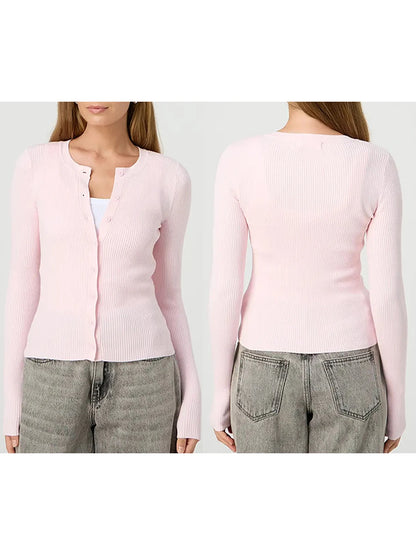 Women's Ribbed Cardigan Tops Spring Fall Solid Color Long Sleeve Round Neck Button Up Cropped Sweaters Female Casual Pullovers