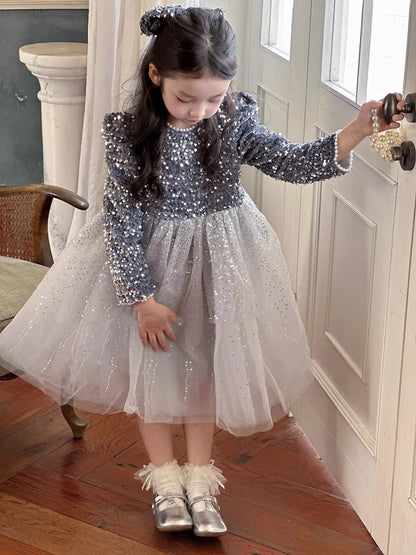 Winter Baby Girls Sequin Work Fleece Lined 4-Layer Mesh Zip Back Dresses with Head Veil Kids Outfit Children Sweet Skirt 2-8 Yr