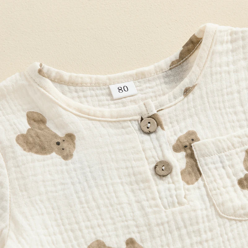 Toddler Kids Clothes Boys Summer Bear Print Short Sleeve Cotton Linen Pocket T-shirts Tops+Drawstring Shorts Sets Outfits