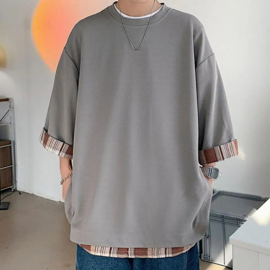 Summer Men's T-shirts  Korean Style Loose Fake Two-piece Mid Length Plus Size Three Quarter Sleeves Streetwear Outdoor Top