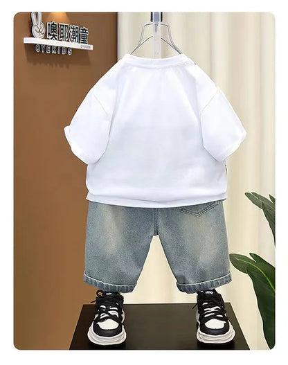 Boys Summer Clothing Set 2024 New Handsome Children's Short Sleeved Clothes Trendy Baby T-shirt Jeans Thin Two-piece Set