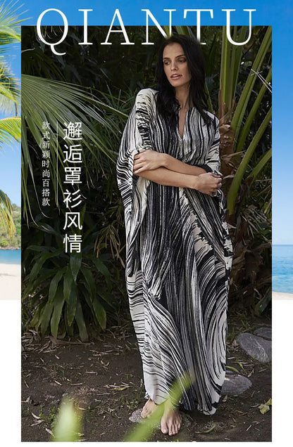 Women's Dress Fashion Beach Vacation Striped Printed Robe 2023 Summer New Casual Vintage Loose Waist V-Neck Long Dresses Female