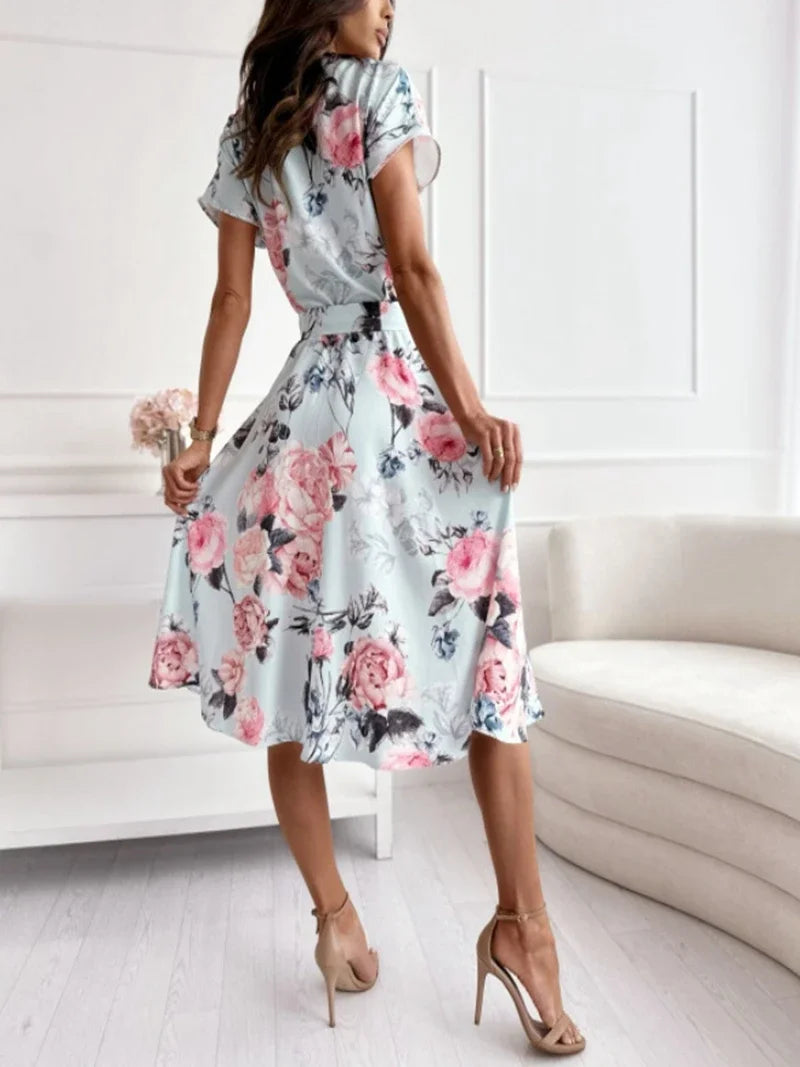 Summer Women's Fashion Flower Print Short Sleeved Dress Elegant V-neck Button Belt Leisure Vacation Dress