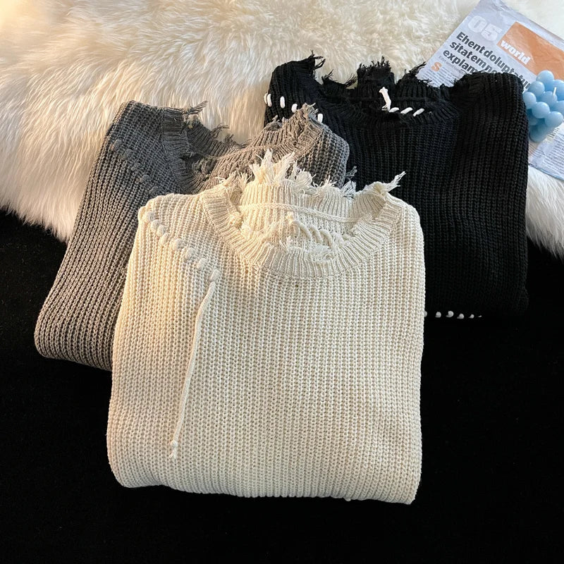 Fashion Niche Knitted Sweaters Autumn Winter Ripped O-neck Causal Loose High Street Knitted Sweater Men Pullovers Male Clothes