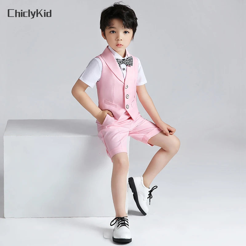 Boys Summer Vest Shirt Shorts Formal Dress Kids Candy Color Waistcoat Wedding Clothes Sets Child Uniforms Toddler Tuxedo Costume