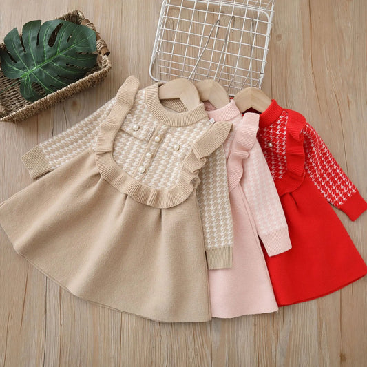 Girls Casual Dresses Plaid Lace Knit Dress Autumn and Winter Sweater Dresses Toddler Girl Clothes Baby Girl Dress