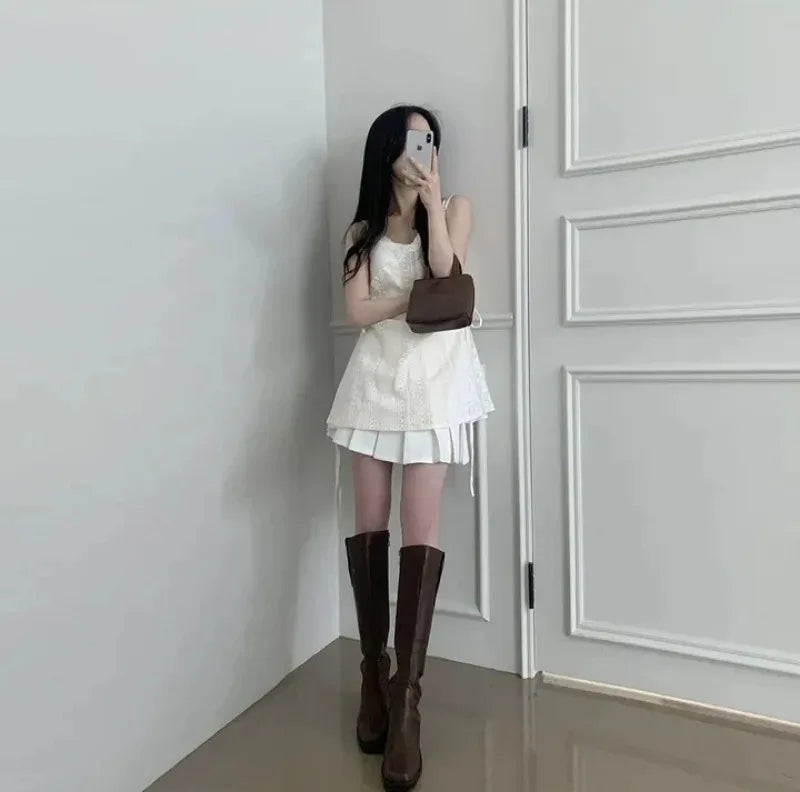 Summer Dress Women Chic French Lace Stitching Sling Shirt Stacked Gauze Knitted Dress Overskirt Inner Wear Base Short Dress