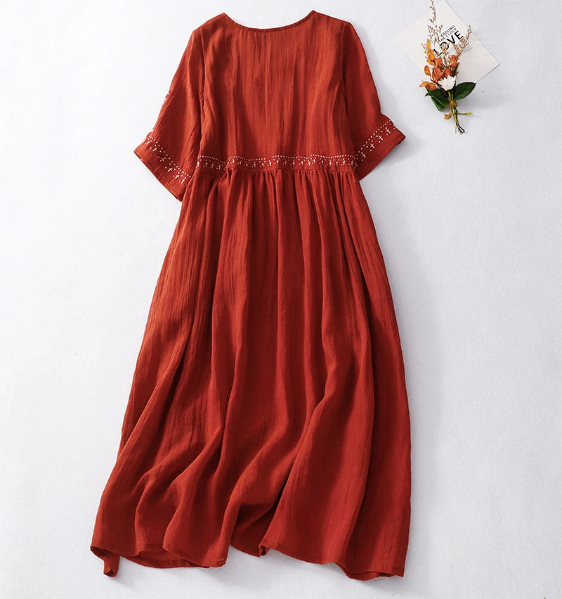 Summer New Dresses for Women LOOSE Embroidery Vintage Dress Streetwear Long Dresses Women Clothing Robe O-Neck White Dress