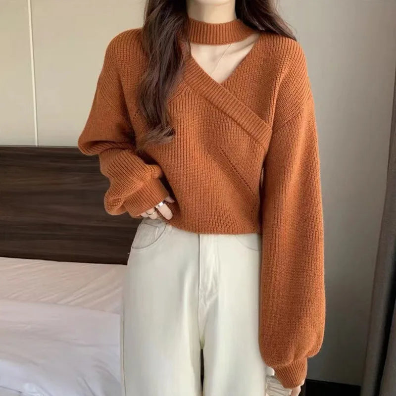 Women Christmas Sweater Autumn Winter Long Sleeved Sweater  Warm V-neck Off Shoulder