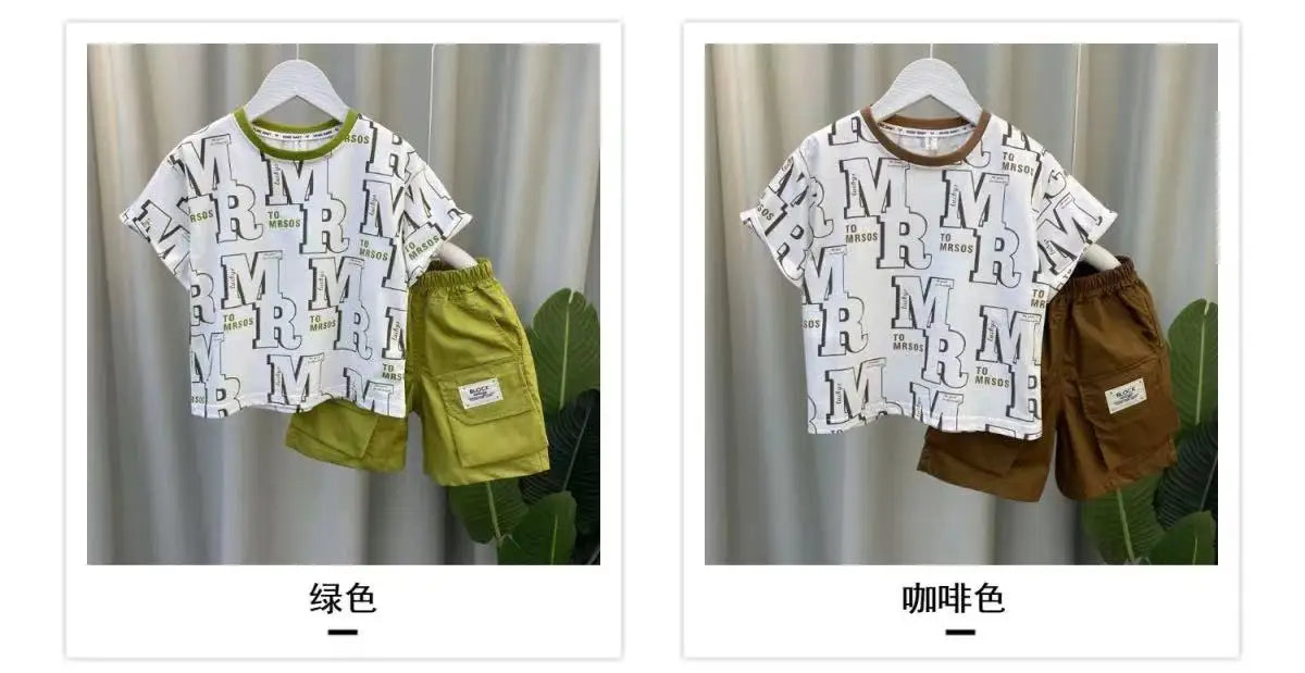 Boys Summer Short Sleeve Set 2024 New Fashionable Baby Clothes Boys Handsome Clothes Children's Letter Two Piece Set