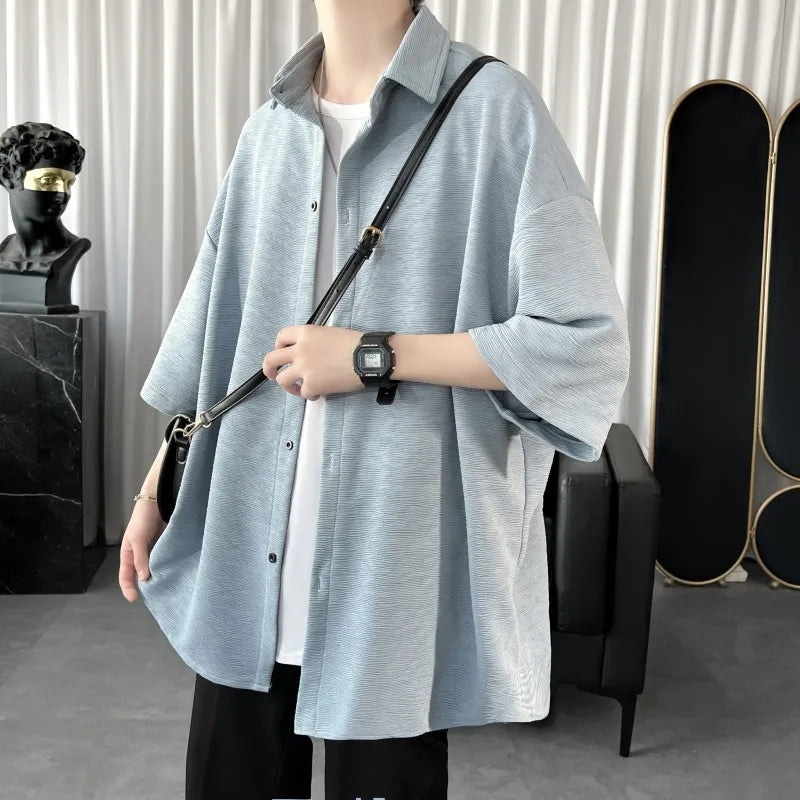 Summer Cool Men Short-sleeved Shirt Solid Color Fashion Plicated Casual Loose Button Shirt Male Clothing Tops