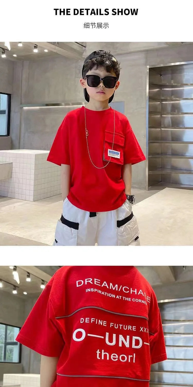 Boys Summer Set 2024 New Western Style Summer Children's Korean Loose Short Sleeved Workwear Two Piece Set Trendy