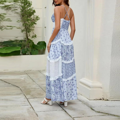 Women'S Spring/Summer Casual V-Neck Floral Printed Beach Midi Dresses Vestido Mujer Summer Dress Robe Femmes Dress Women