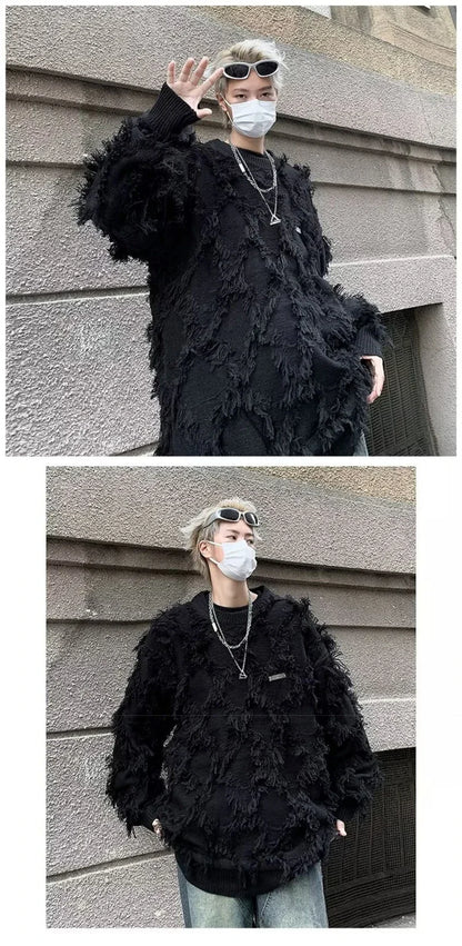 Winter Men's Ripped Fringe Raw Edge Sweater Hip Hop Fashion Knitwear Pullovers Y2K Vintage Streetwear Knitted Jersey Clothes