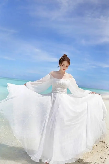 Dresses for Women Summer New Chiffon off-Shoulder Dress White Dress Vestido De Mujer