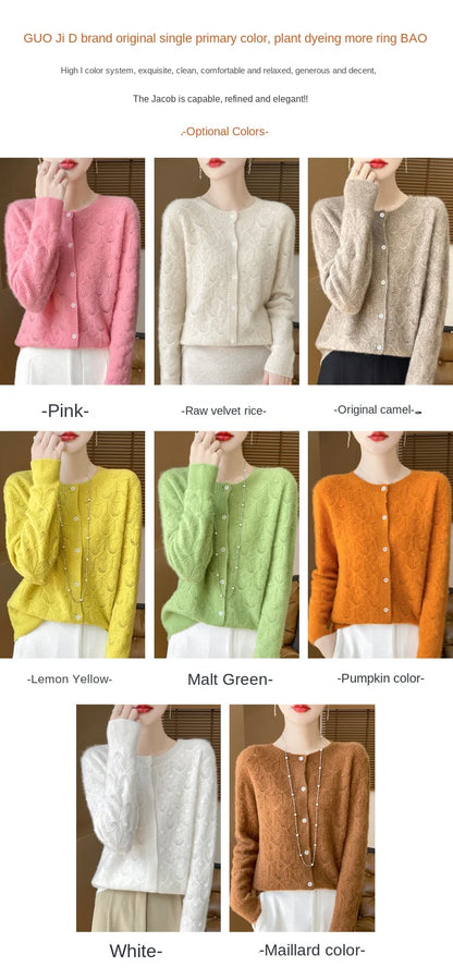 2024 Autumn And Winter New Round Neck Hollowed Out 100 Wool Knitted Cardigan Women's Versatile Coat Loose Casual Sweater DMR281