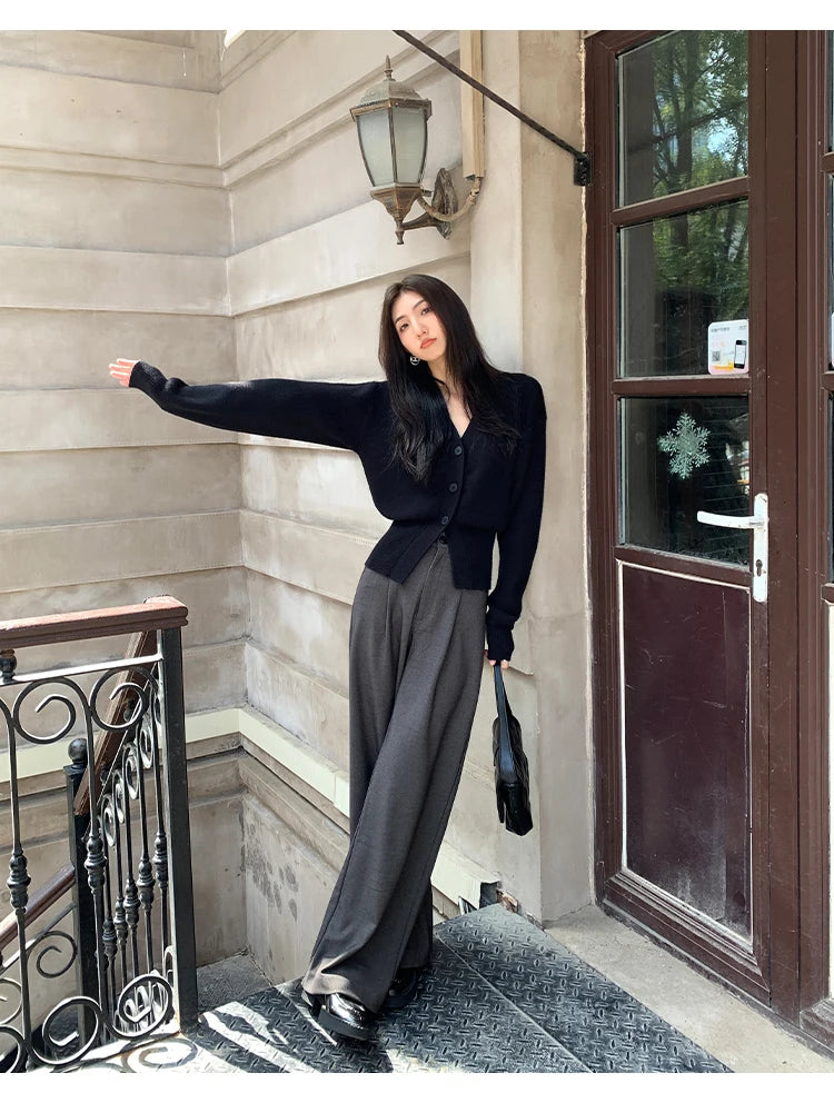 Zjaiss 2025 Autumn Winter Elegance Solid Color V-neck Sweater Knitted Casual Cardigan Unique And Niche Slim Fit Tops