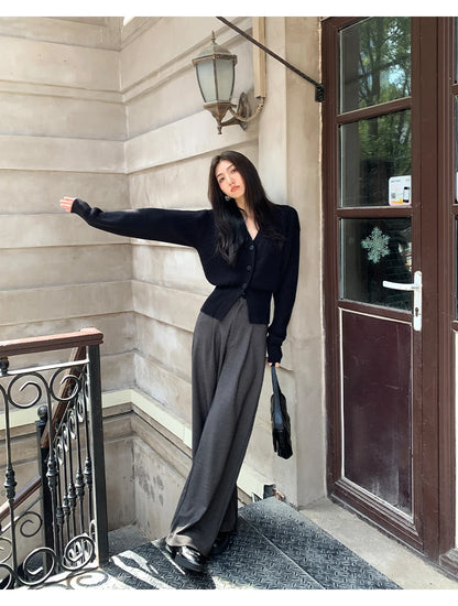 Zjaiss 2025 Autumn Winter Elegance Solid Color V-neck Sweater Knitted Casual Cardigan Unique And Niche Slim Fit Tops