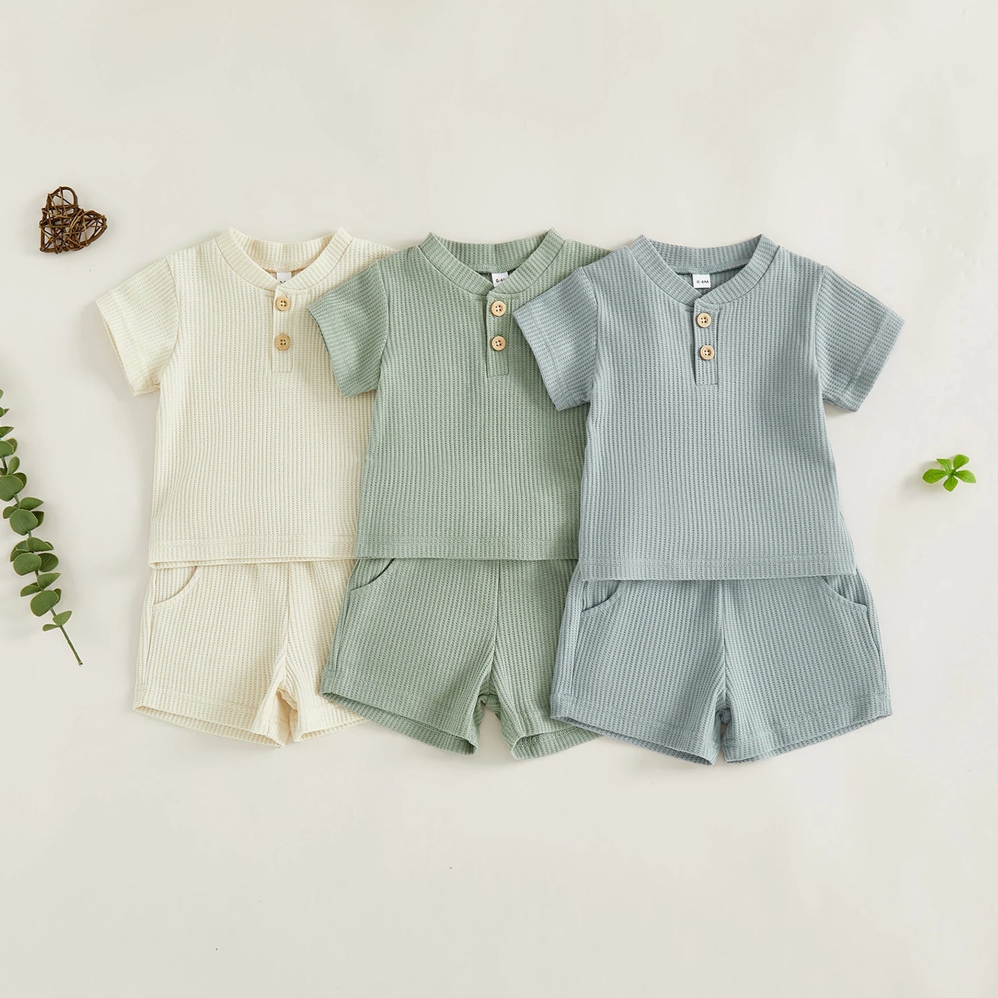 Toddler Baby Boys Summer Clothing Sets Solid Color Short Sleeve O-neck Button Waffle T-shirts Tops with Shorts 2ocs Outfits