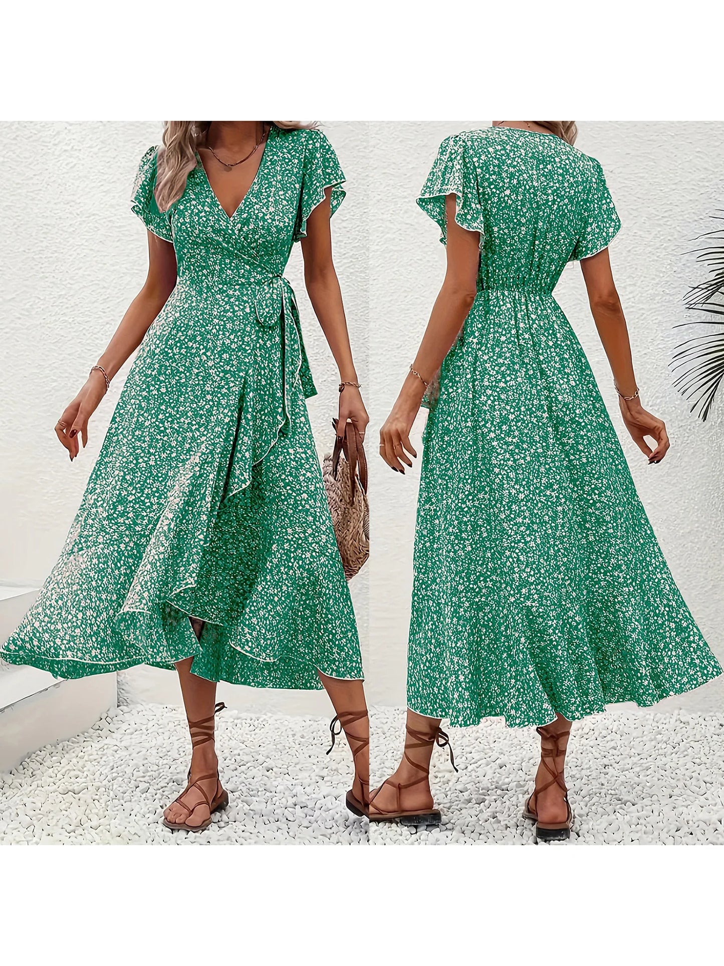 Women's Summer Flower Print Ruffle Dress Fashion 2025 Elegant Short Sleeve Wrap V Neck Tie Side Dresses