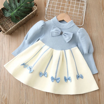 Girls' Sweater Skirt Sweaters Long Dress2025Autumn and Winter New Bow Sweet Princess Dress