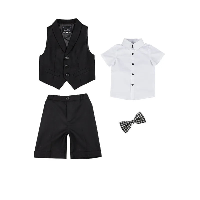Boys Summer Vest Shirt Shorts Formal Dress Kids Candy Color Waistcoat Wedding Clothes Sets Child Uniforms Toddler Tuxedo Costume