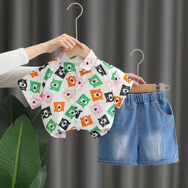 Boys' summer clothing 2025 new style summer new style baby shirt short sleeved two-piece set children's summer clothes