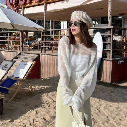 Summer simple hollow out lightweight and slightly transparent long sleeved knitted sweater Spring new women's pullover