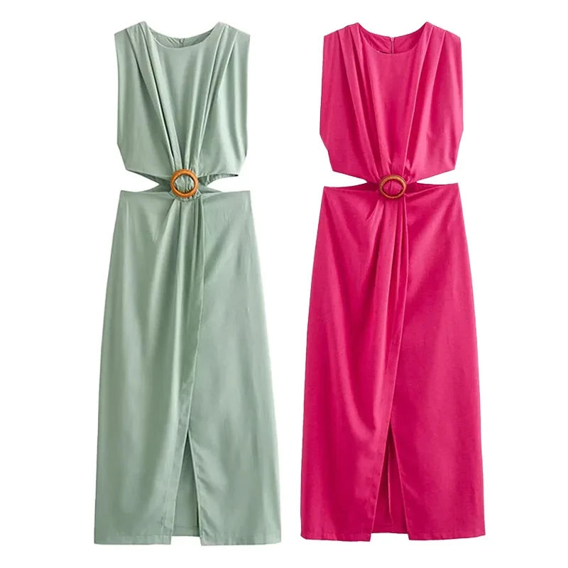 Summer Dress For Women 2024 Solid Waist Hollow Out O-Neck Sleeveless Slit Long Dresses Wild Casual Beach Woman Even Dress