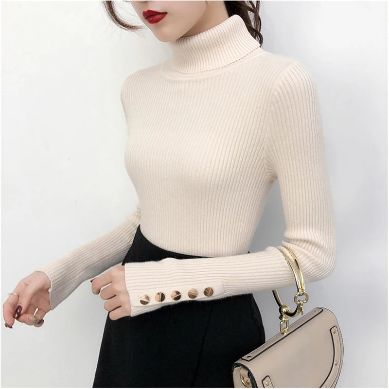 2025 Knitted Turtleneck Women Sweater Button Long Sleeve Pullovers Autumn Winter Basic Femme Sweaters Slim Solid Pull Tops