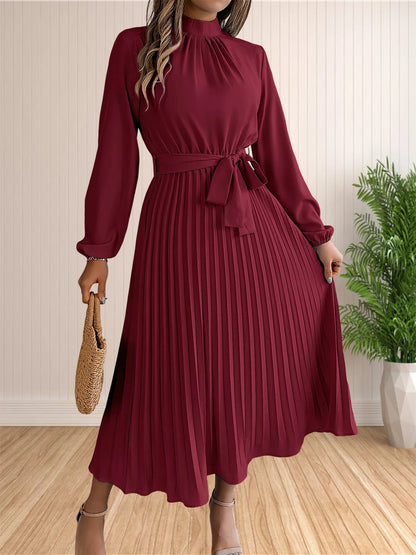 Women's Long Dresses Summer Elegant Pleated Long Sleeveed Lace Up Dresses Beach Boho Wrap Ruffle Hem Swing Sundress
