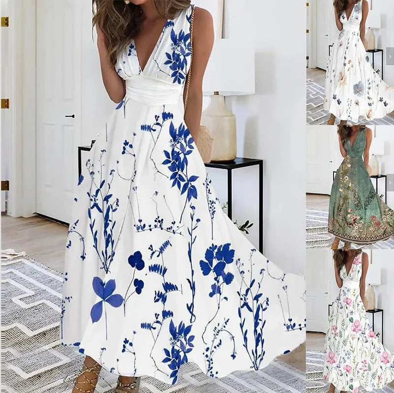 2025 Women's Summer Casual Dress Elegant Party Sleeveless Long Dress Robe Sexy Bohemian Print Dresses Vestidos Swing Sundress
