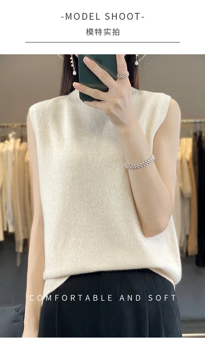 2024 Cashmere Vest Women's 100% Merino Wool Pullover Indoor Sleeveless Sweater Half-turtleneck Office Tops Waistcoat