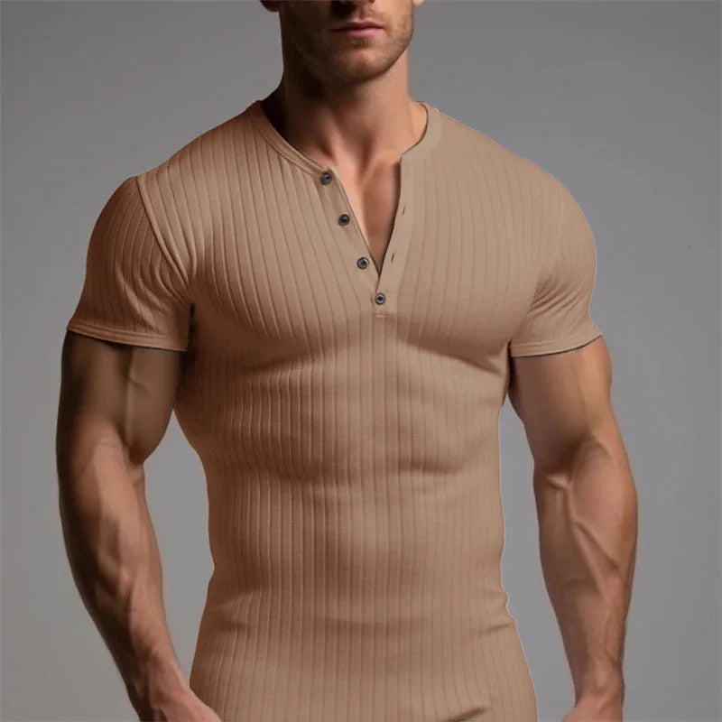 Summer Trend Men's Short Sleeve Casual T-Shirts Solid Henley Neck Button Up Pullover Tops Spring Turn Down Collar Basic Shirt