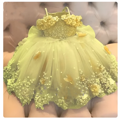 Baby Girls Dresses Off Shoulder Pearls Lace Butterflies Flower Princess Dress Infant First Birthday Party Gown  Communion Gift