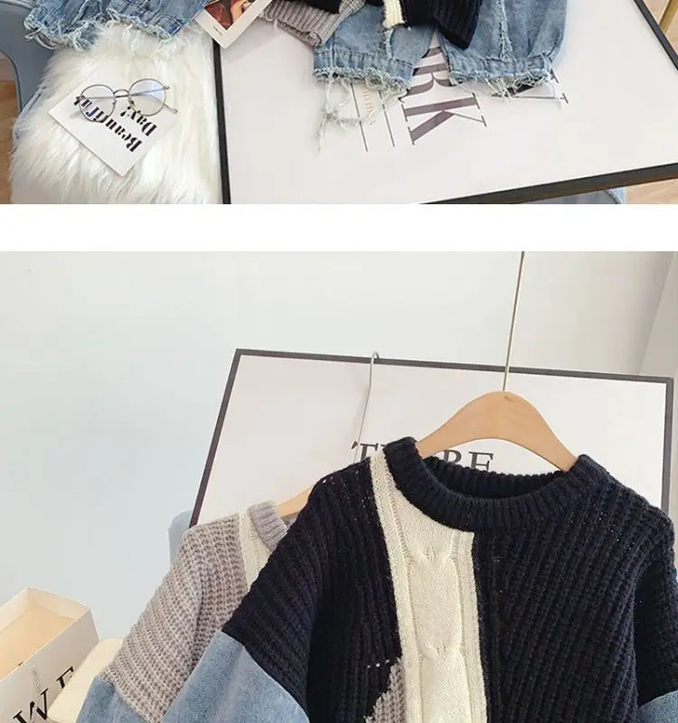 Loose Lazy Knitting Jacket, Pullover, Denim Sleeves, Splicing, Fashionable, Comfortable, Leisure, Autumn and Winter